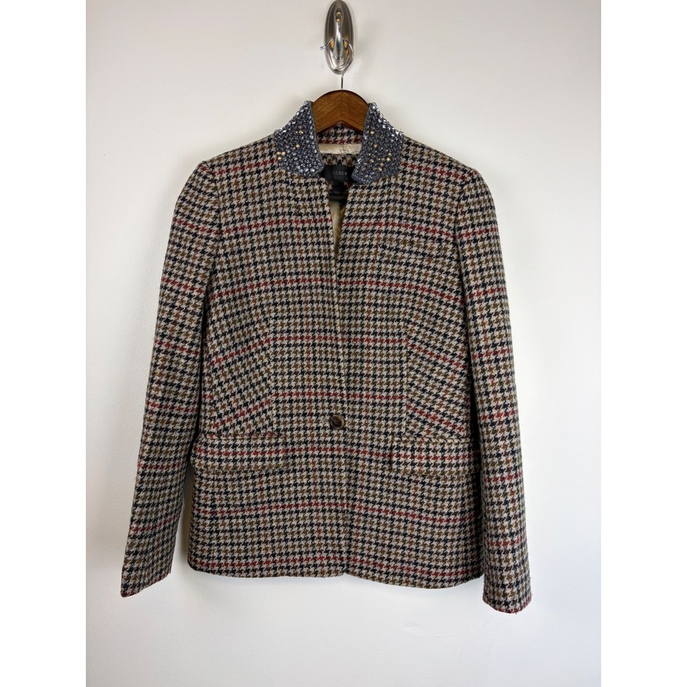 J Crew Regent Houndstooth Wool Blazer 2 Brown Rhinestone Collar Preppy Academia